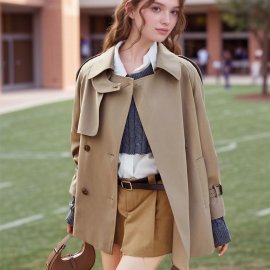 2024 Fall Fashion Casual Short Trench Coat Khaki