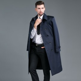 Men's Long Double Breasted Spring And Autumn Fashion Trench Coat Blue