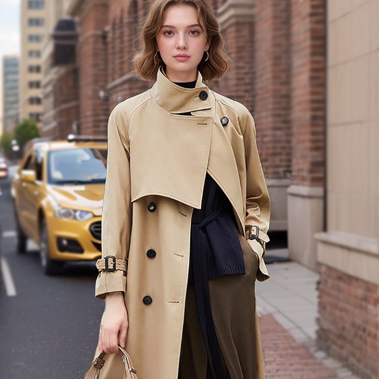 2024 Autumn New Lace-Up Stand Collar Mid-Length Female Thin Over Knee Trench Coat Khaki