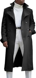 Men's Notch Lapel Double Breasted Long Trench Coat Casual Cotton Blend Double Breasted Coat