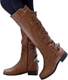 Women S Lace Up Motorcycle Knee High Boots Winter Lace Up Cycling Flat Low Heel Shoes