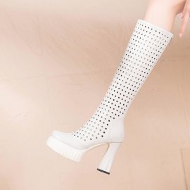 Stylish Square Head But Knee-High Heel Thick Breathable Hollow White Boots