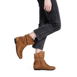 Brown Boots Women 2024 New Womens Mid Calf Boots Fashionable Casual Flat Ankle Boots