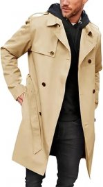 Men's Trench Coat Slim Fit Double Breasted Long Jacket Notched Lapel Belt Autumn Windbreaker Coat