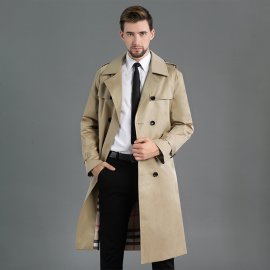 Men's Long Double Breasted Spring And Autumn Fashion Trench Coat Khaki