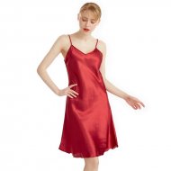 Silk Spaghetti Straps V-Neck Suspender Nightgown Summer Thin Sexy Slim Solid Color Knee-Length Home Pajamas Red