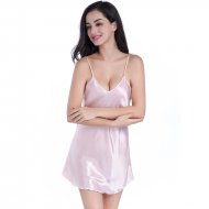 Women's Summer Nightgown At Home With Hip Straps V-Neck Sexy Beautiful Back Dressing Gown With Short Skirt Inside Pink