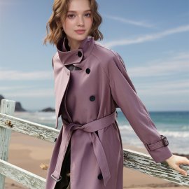 2024 Autumn New Lace-Up Stand Collar Mid-Length Coat Female Thin Over Knee Trench Coat Pink Purple