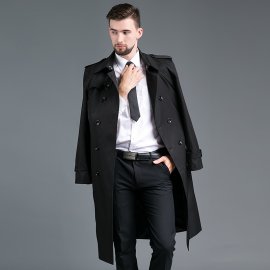 Men's Long Double Breasted Spring And Autumn Fashion Trench Coat Black