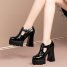 New Round Toe Waterproof Platform Leather High Heels Black British Ankle Boots