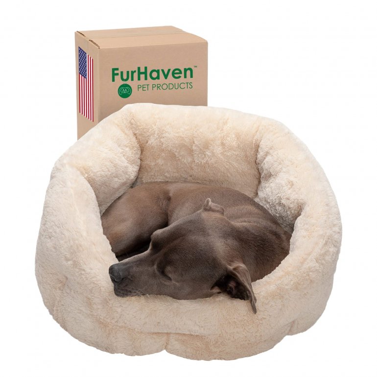 23" Round Medium Dog Bed Hi Lo Self-Warming Luxury Plush Faux Fur Cuddler, Washable - Cream, Medium