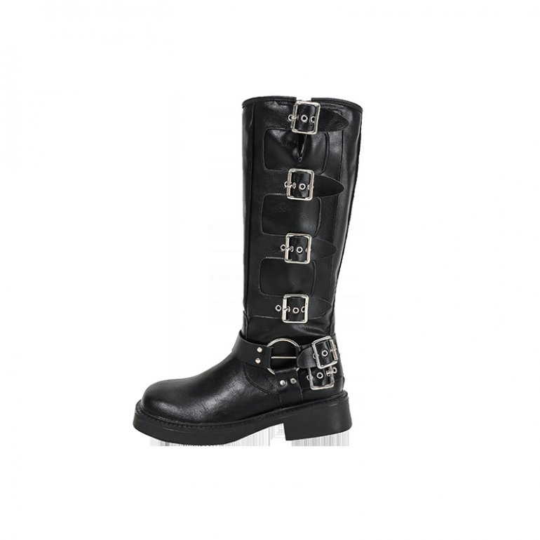 2024 Genuine Leather Thick-Heeled Martin Boots For Women Western Cowboy Boots Retro Maillard High-Top Belt Buckle Square-Toed Knight Boots