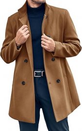 Men's mid length windbreaker winter double breasted pea coat casual business warm coat